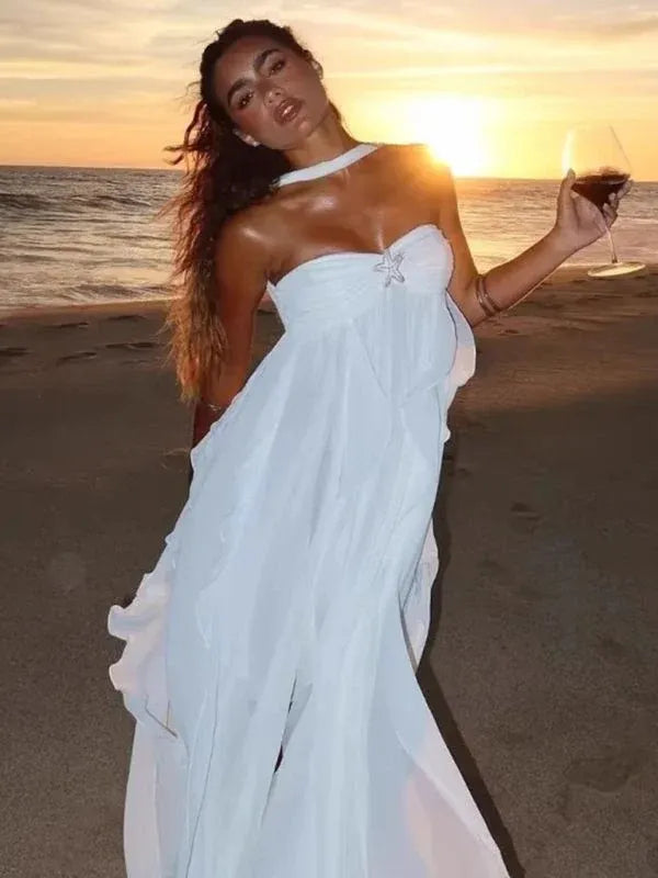 Trendy A-Line Reverse Halter Neck Backless Floor-Length Prom Dress