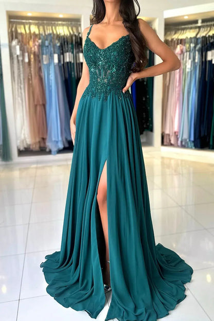 Trendy A-Line Spaghetti Straps Sleeveless V Back Sweep/Brush Train Prom Dress