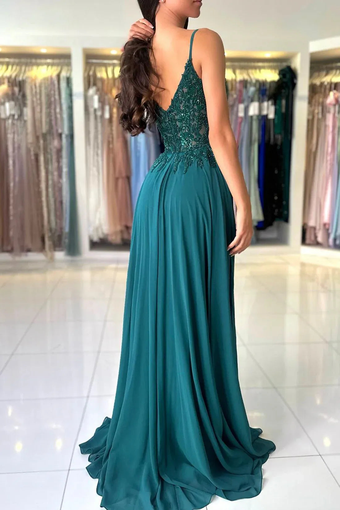 Trendy A-Line Spaghetti Straps Sleeveless V Back Sweep/Brush Train Prom Dress