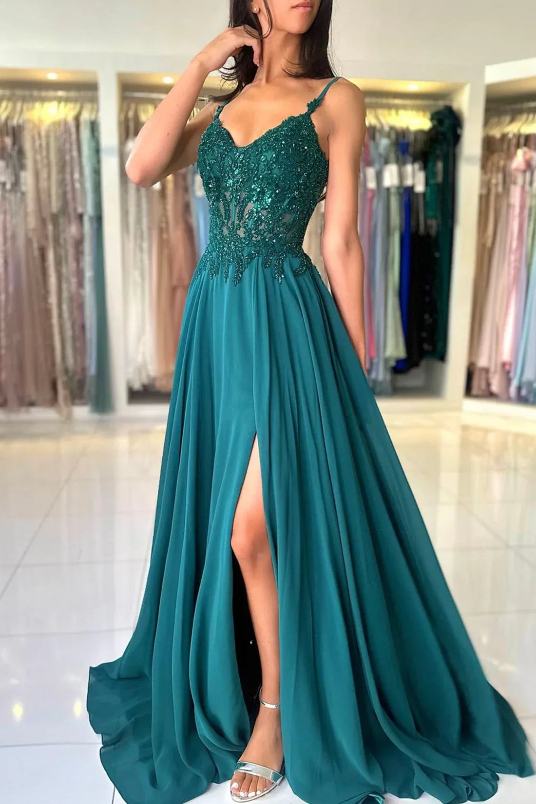 Trendy A-Line Spaghetti Straps Sleeveless V Back Sweep/Brush Train Prom Dress