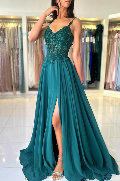 Trendy A-Line Spaghetti Straps Sleeveless V Back Sweep/Brush Train Prom Dress