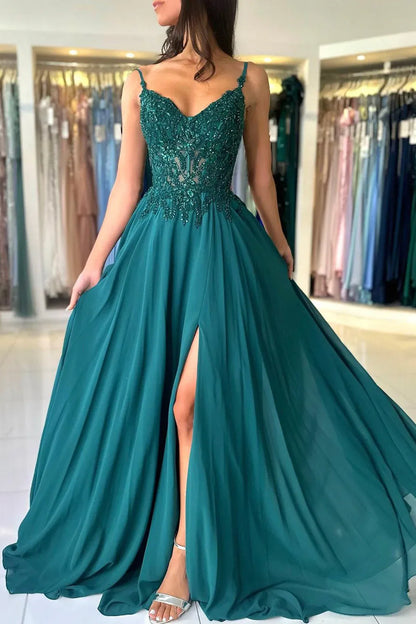 Trendy A-Line Spaghetti Straps Sleeveless V Back Sweep/Brush Train Prom Dress