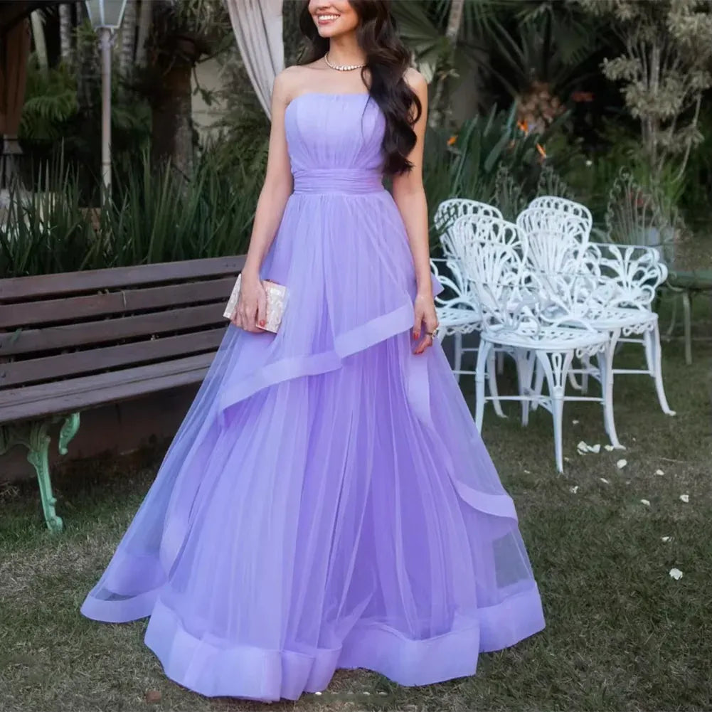 Trendy A-Line Strapless Sleeveless Tulle Floor-Length Prom Dress