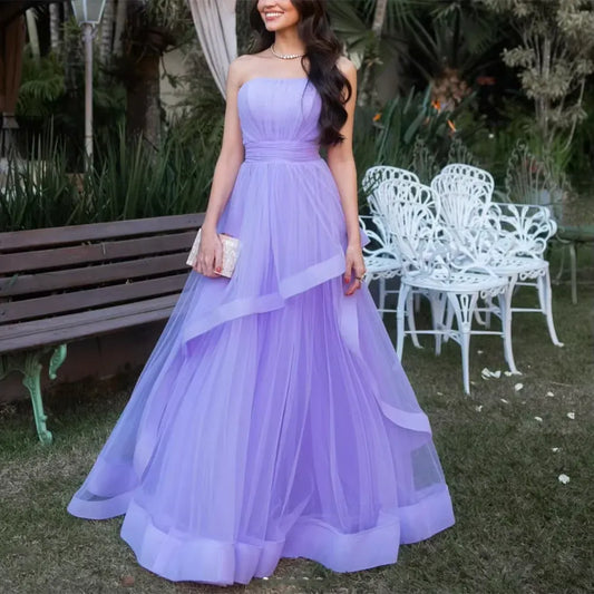 Trendy A-Line Strapless Sleeveless Tulle Floor-Length Prom Dress