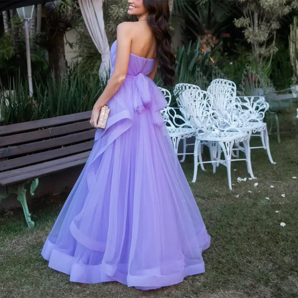 Trendy A-Line Strapless Sleeveless Tulle Floor-Length Prom Dress