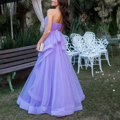 Trendy A-Line Strapless Sleeveless Tulle Floor-Length Prom Dress