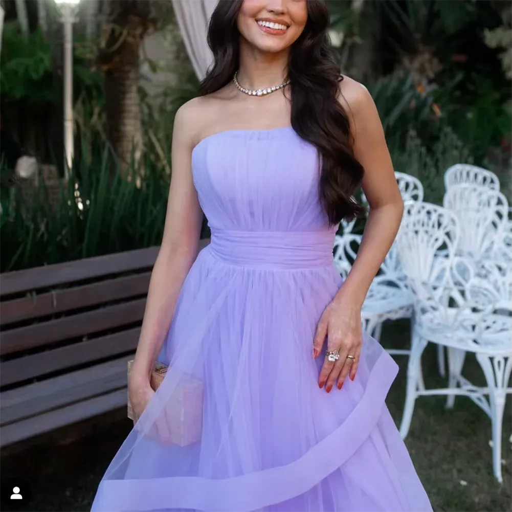 Trendy A-Line Strapless Sleeveless Tulle Floor-Length Prom Dress
