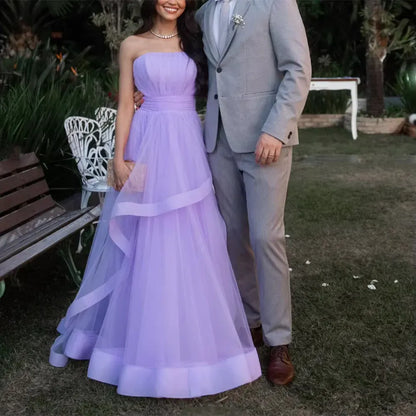 Trendy A-Line Strapless Sleeveless Tulle Floor-Length Prom Dress