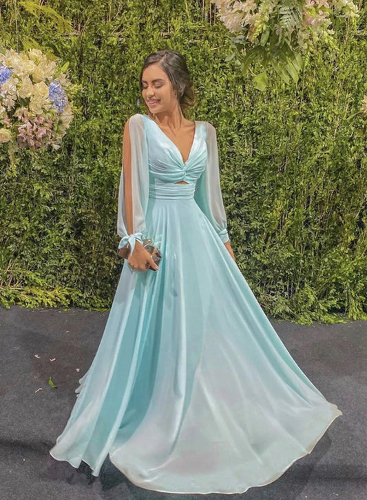 Trendy A-Line V Neck Long Sleeves Satin Sweep/Brush Train Prom Dress