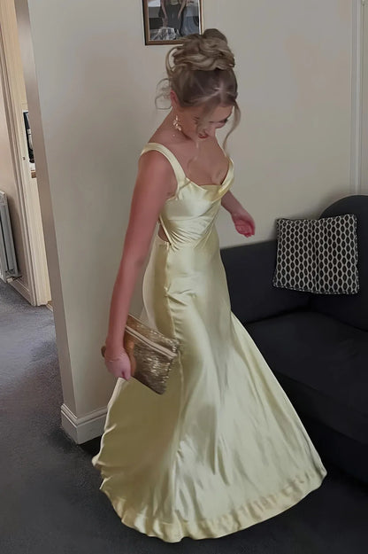 Trendy A-Line Wide Straps Sleeveless Satin Slit Floor-Length Prom Dress