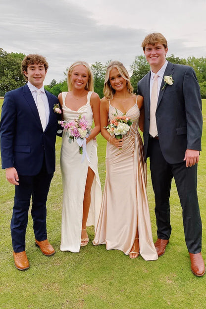 Trendy A-Line Wide Straps Sleeveless Satin Slit Floor-Length Prom Dress