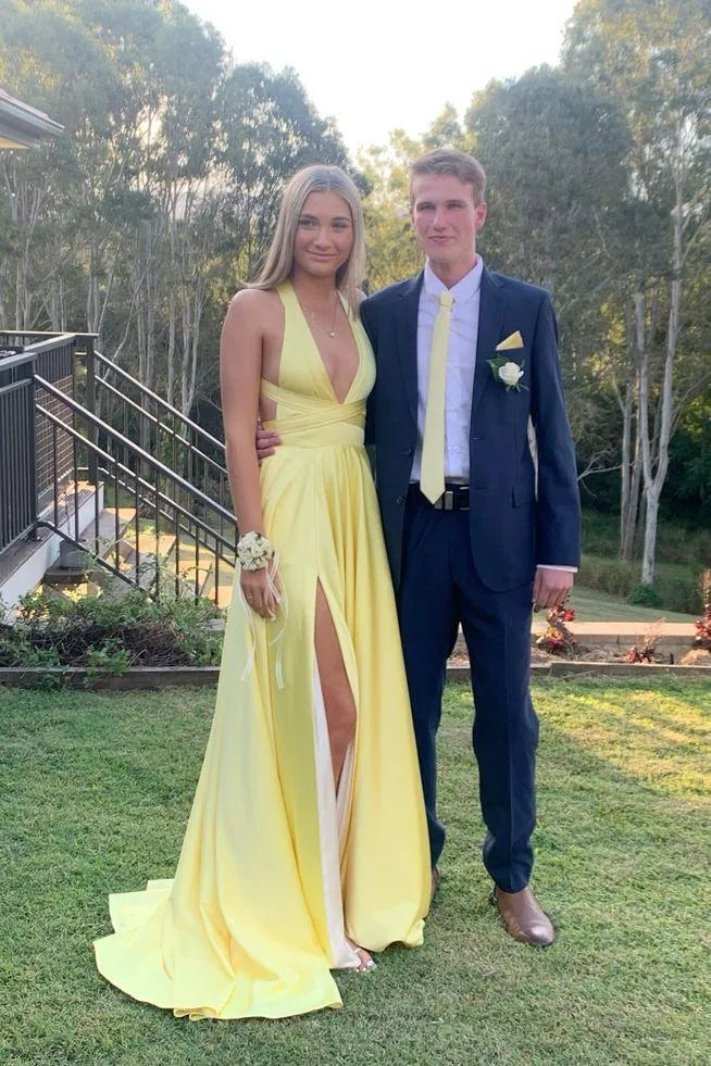 Trendy A-line V Neck Sleeveless Slit Satin Floor-Length Prom Dress