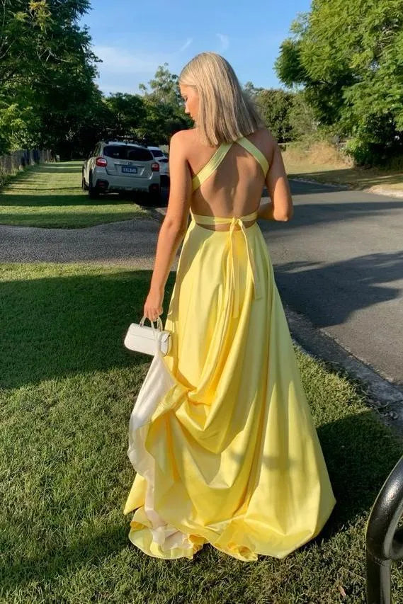 Trendy A-line V Neck Sleeveless Slit Satin Floor-Length Prom Dress