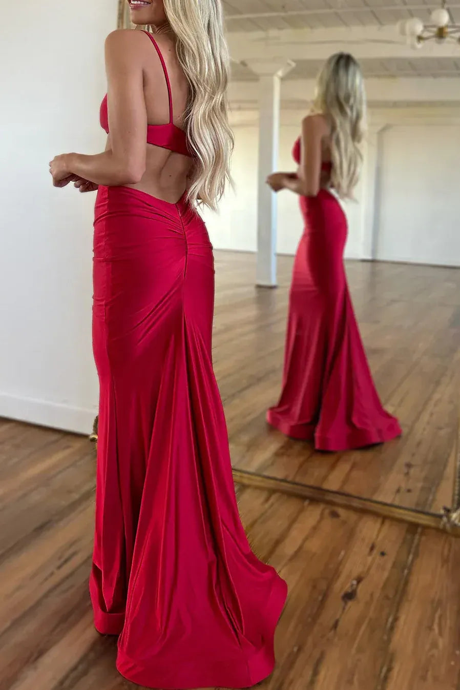 Trendy Mermaid Spaghetti Straps Sleeveless Satin Pleated Floor-Length Prom Dress