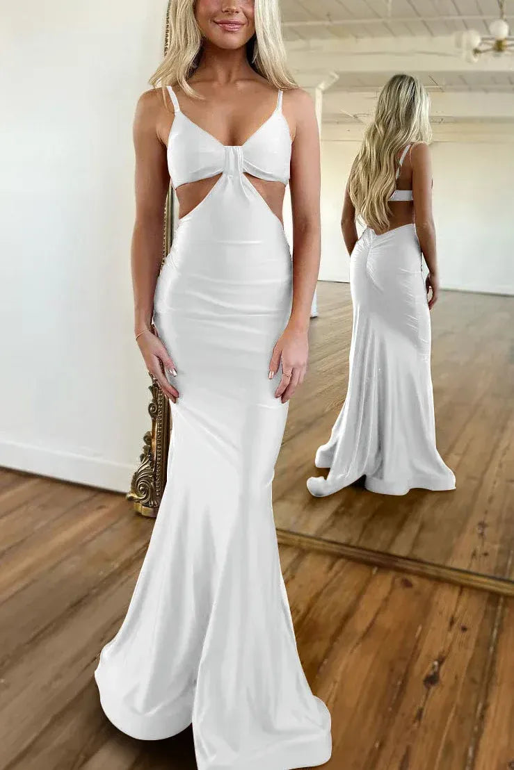 Trendy Mermaid Spaghetti Straps Sleeveless Satin Pleated Floor-Length Prom Dress