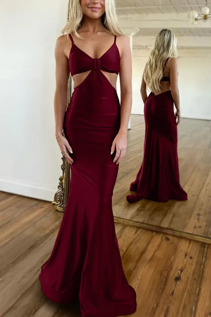 Trendy Mermaid Spaghetti Straps Sleeveless Satin Pleated Floor-Length Prom Dress