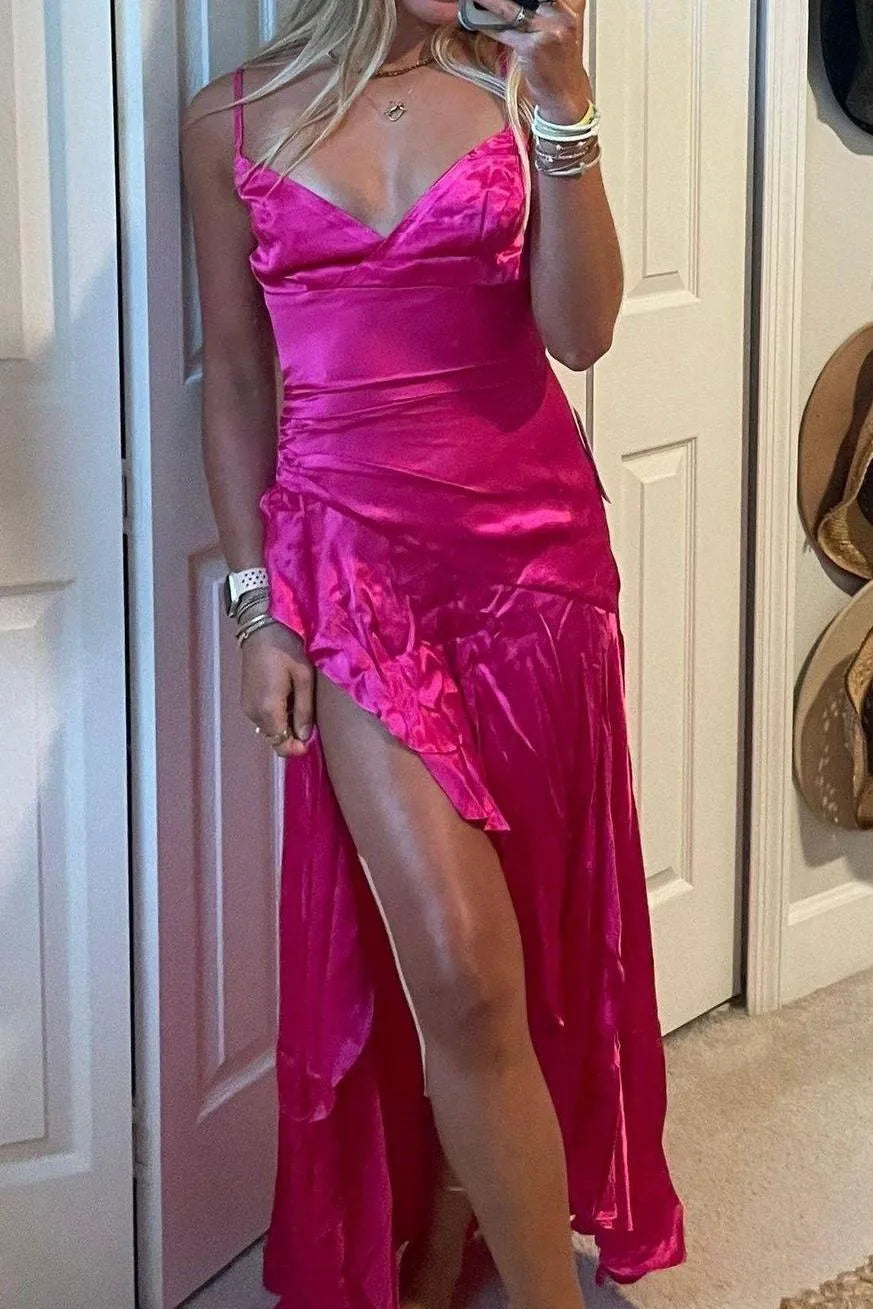 Trendy Mermaid V Neck Sleeveless Backless Ruffle Floor-Length Prom Dress