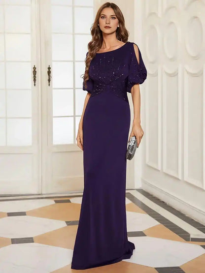 Trendy Round Neck Bodycon Wedding Guest Dress with Sleeves Mother Of The Bride Dresses