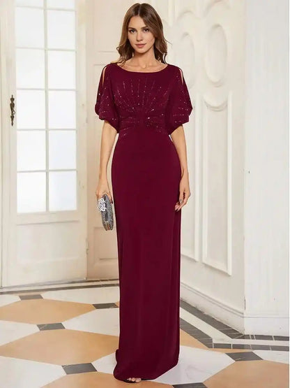 Trendy Round Neck Bodycon Wedding Guest Dress with Sleeves Mother Of The Bride Dresses