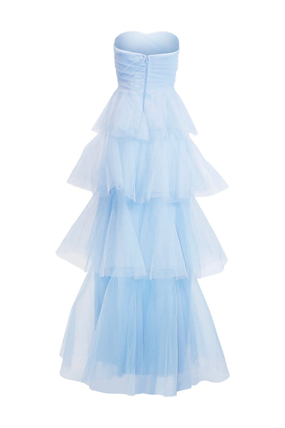 Trendy Strapless Sleeveless A-Line Tulle Tiered Floor-Length Prom Dress