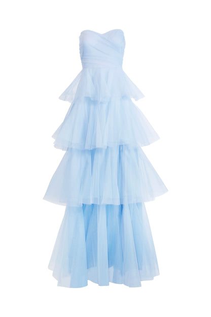 Trendy Strapless Sleeveless A-Line Tulle Tiered Floor-Length Prom Dress
