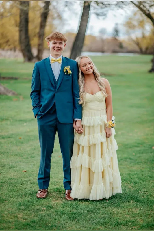 Trendy Strapless Sleeveless A Line Tulle Tiered Floor Length Prom Dress