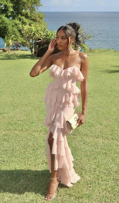 Trendy Strapless Sleeveless Mermaid Slit Chiffon Long Prom Dress