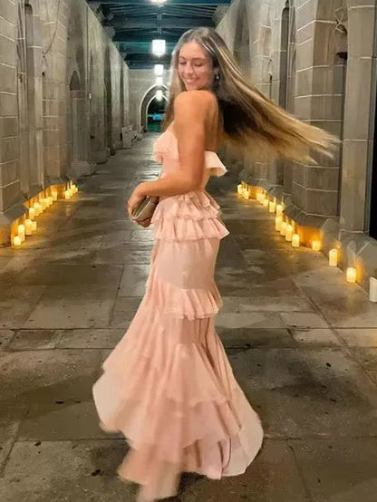 Trendy Strapless Sleeveless Mermaid Slit Chiffon Long Prom Dress