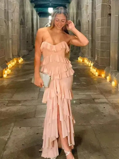 Trendy Strapless Sleeveless Mermaid Slit Chiffon Long Prom Dress