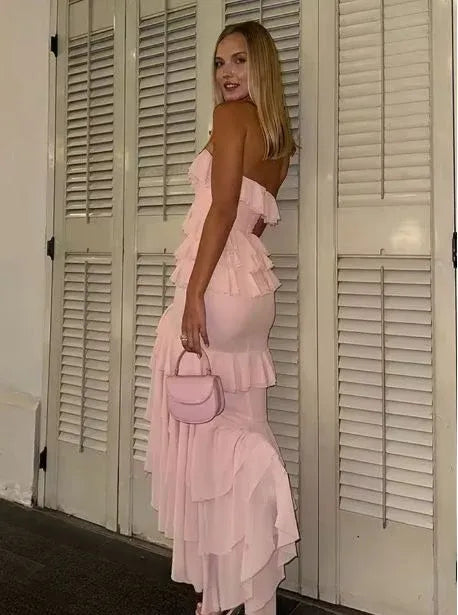 Trendy Strapless Sleeveless Mermaid Slit Chiffon Long Prom Dress