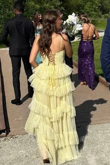 Trendy Strapless Sleeveless A Line Tulle Tiered Floor Length Prom Dress