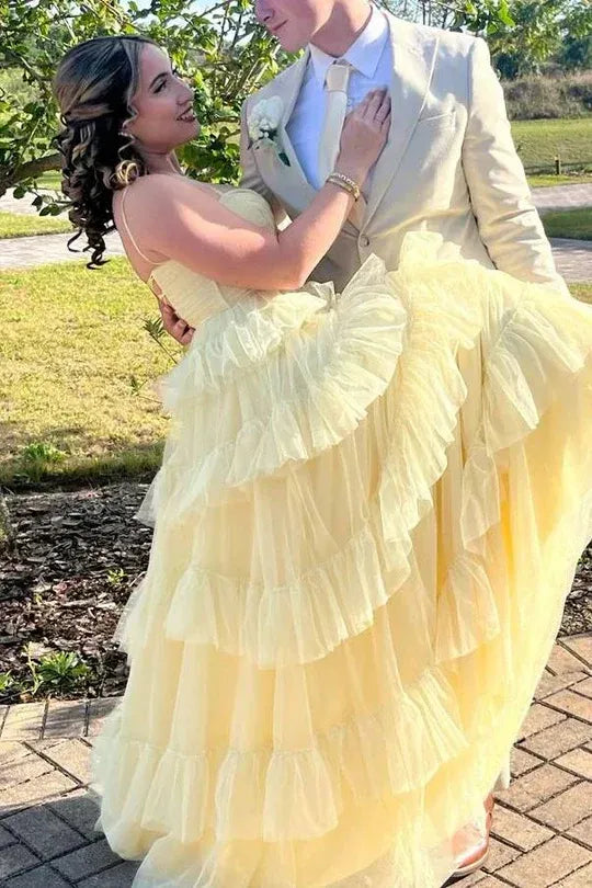 Trendy Strapless Sleeveless A Line Tulle Tiered Floor Length Prom Dress