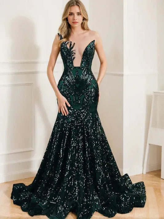 Trumpet Mermaid Jewel Neck Sleeveless Sequined Evening Dresses With Sequin