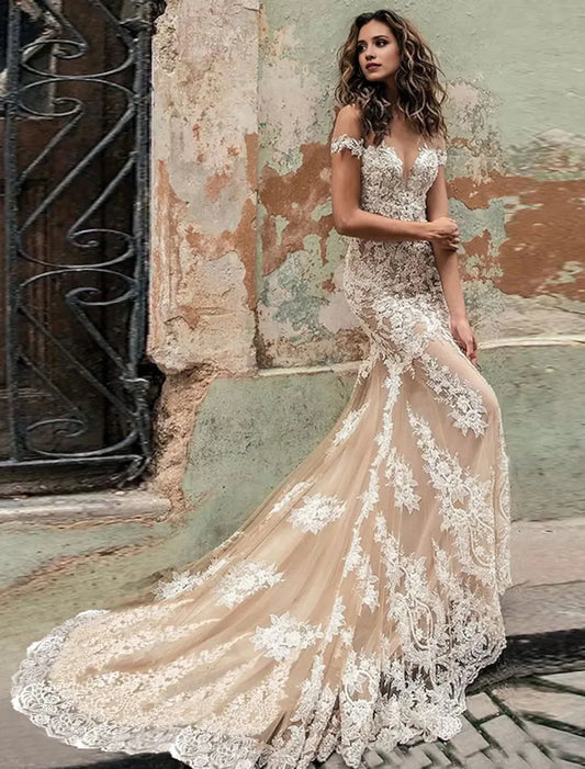 Trumpet Mermaid Off-the-Shoulder Floor-length Lace Wedding Dress