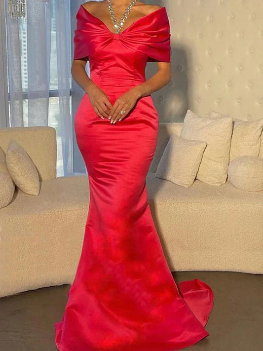 Trumpet Mermaid Off-the-Shoulder Short Sleeves Sweep Train Evening Dresses With Beading