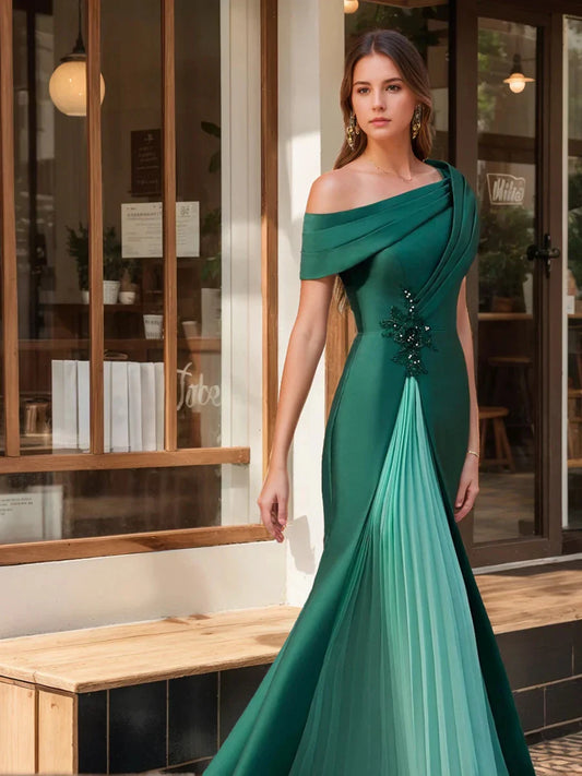 Trumpet Mermaid One-Shoulder Short Sleeves Evening Dresses with Ruffles & Appliques