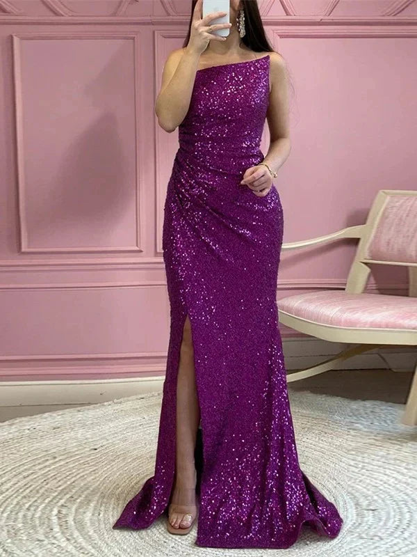 Trumpet Mermaid Sequins Strapless Sleeveless Floor-length Long Evening Dresses with Split Side
