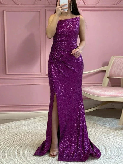 Trumpet Mermaid Sequins Strapless Sleeveless Floor-length Long Evening Dresses with Split Side