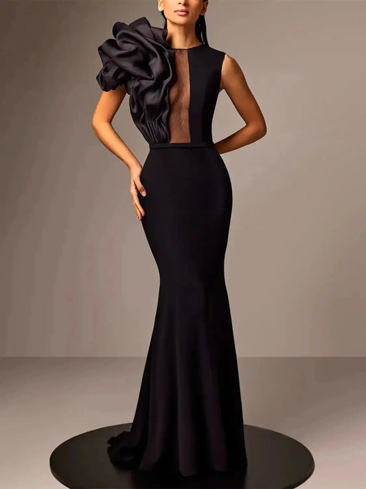Trumpet Mermaid Sleeveless Satin Evening Dresses With Flower