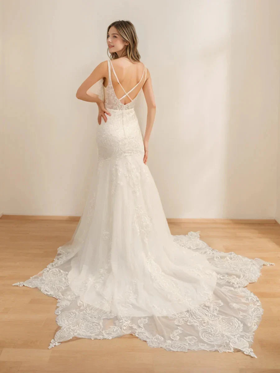 Trumpet Mermaid Spaghetti Straps Sleeveless Long Tulle Wedding Dresses with Lace Appliques