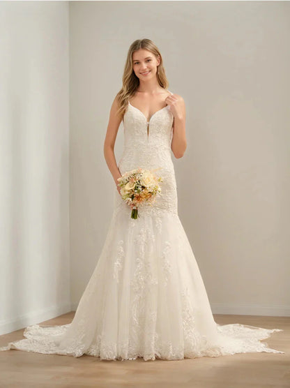 Trumpet Mermaid Spaghetti Straps Sleeveless Long Tulle Wedding Dresses with Lace Appliques