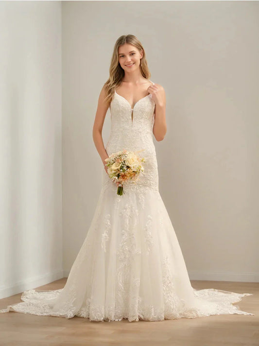 Trumpet Mermaid Spaghetti Straps Sleeveless Long Tulle Wedding Dresses with Lace Appliques