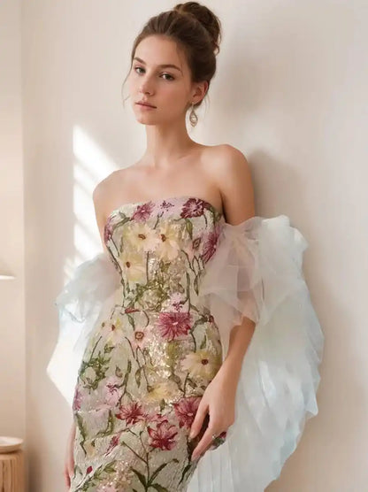 Trumpet Mermaid Strapless Sleeveless Printed Floral Evening Dresses with Embroidery