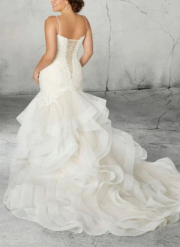Trumpet Mermaid V-Neck Plus Size Lace Wedding Dress with Applique & Ruffles