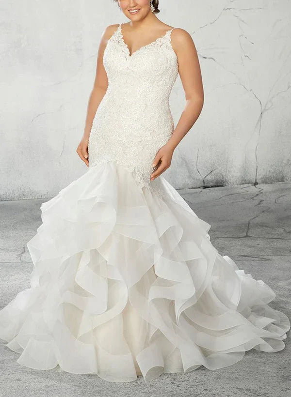 Trumpet Mermaid V-Neck Plus Size Lace Wedding Dress with Applique & Ruffles