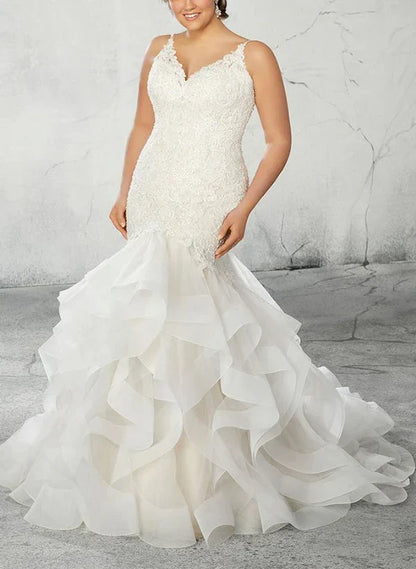 Trumpet Mermaid V-Neck Plus Size Lace Wedding Dress with Applique & Ruffles