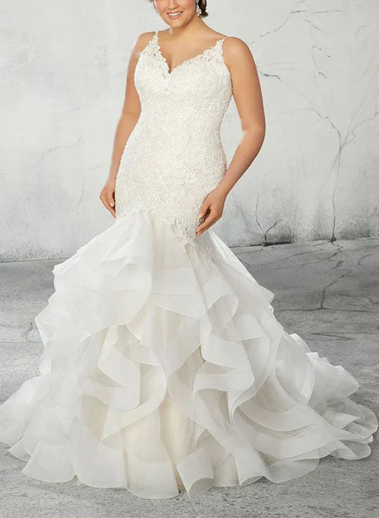 Trumpet Mermaid V-Neck Plus Size Lace Wedding Dress with Applique & Ruffles
