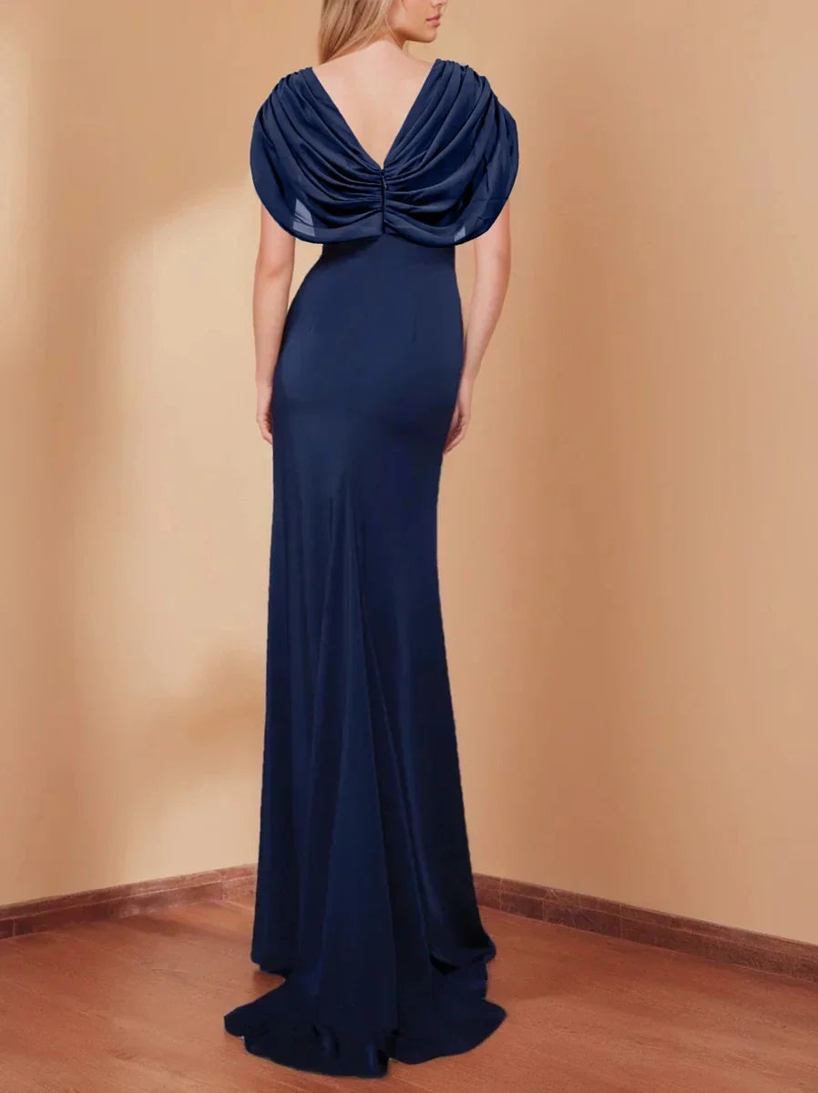 Trumpet Mermaid V-Neck Short Sleeves Floor-Length Mother of the Bride Dresses with Ruffles & Sequins