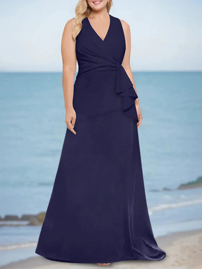Trumpet Mermaid V-Neck Sleeveless Floor-Length Plus Size Mother of the Bride Dresses with Ruffles