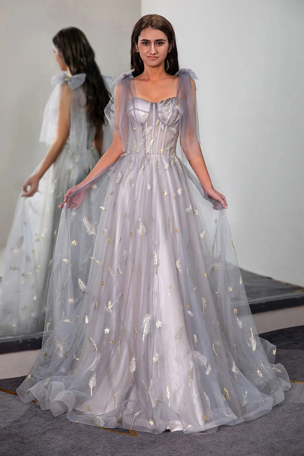 Tulle Sheer Corset Bodice Prom Dress with Feather Embroidery